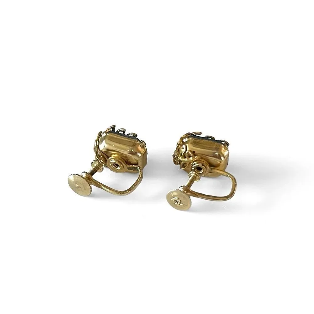 Vintage Coro Blue Crystal Gold Leaf Screwback Earrings